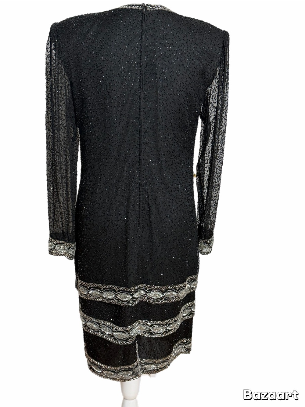 Brilliante by J.A. Women’s Large Black Beaded Sheer Sleeve Cocktail Dress Silk - Picture 4 of 6